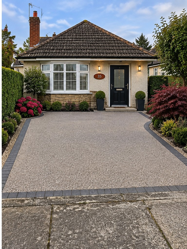Completed light-coloured resin driveway with dark edging and landscaped borders