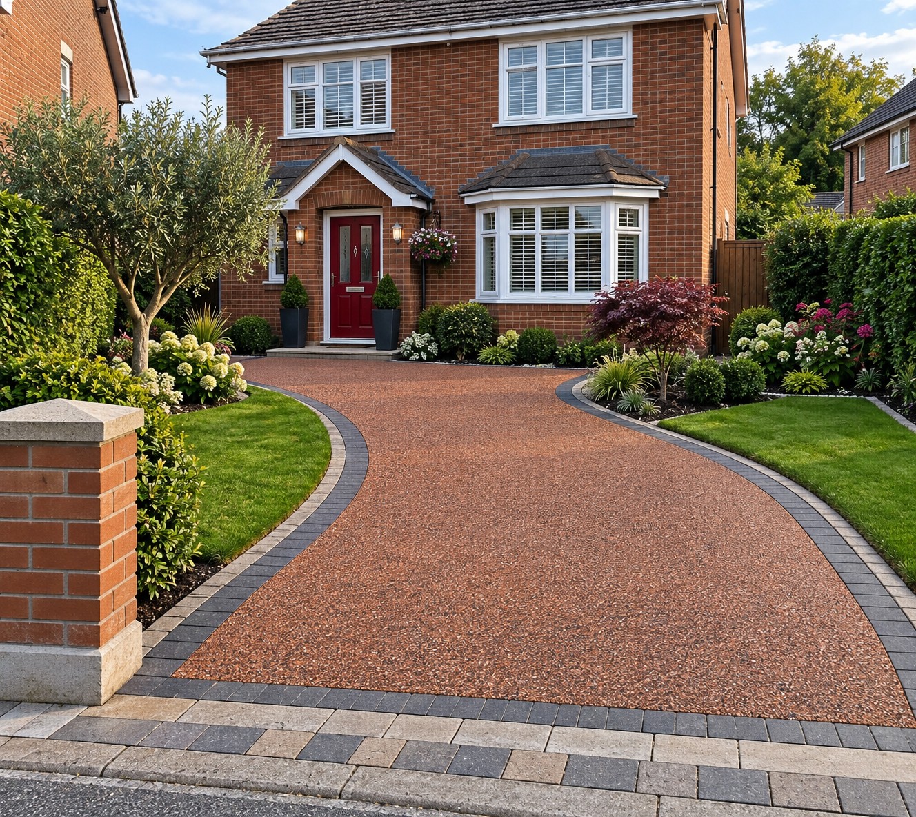 Castle-K resin driveway installation with landscaped front garden