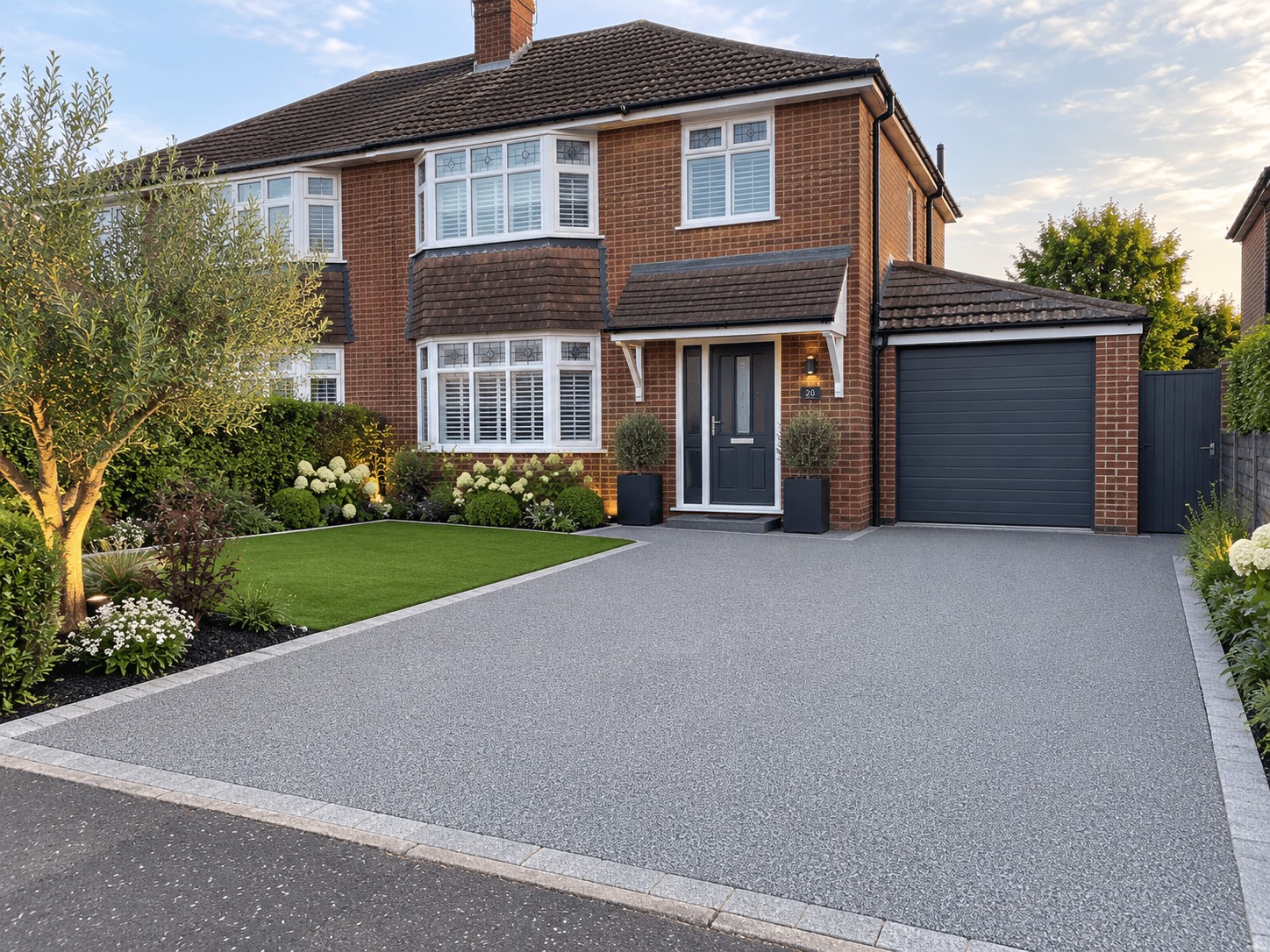 Completed grey resin driveway with granite-style edging and landscaped front garden
